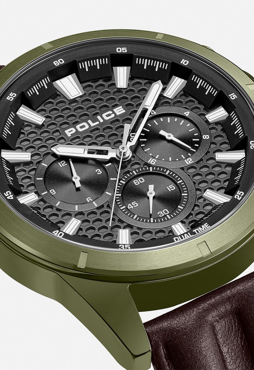 Police - IP Green Case Grey Dial Brown Leather Strap - Green & Brown