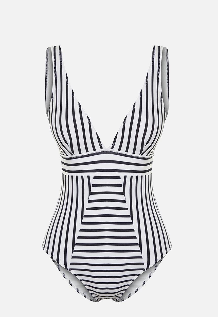 Trendyol - Thinning effect v-neck swimsuit - black and white