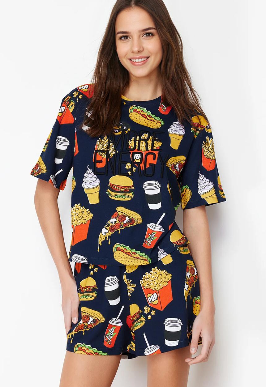 Trendyol - Cotton slogan embroidered shorts pajama set - navy blue-multicolor