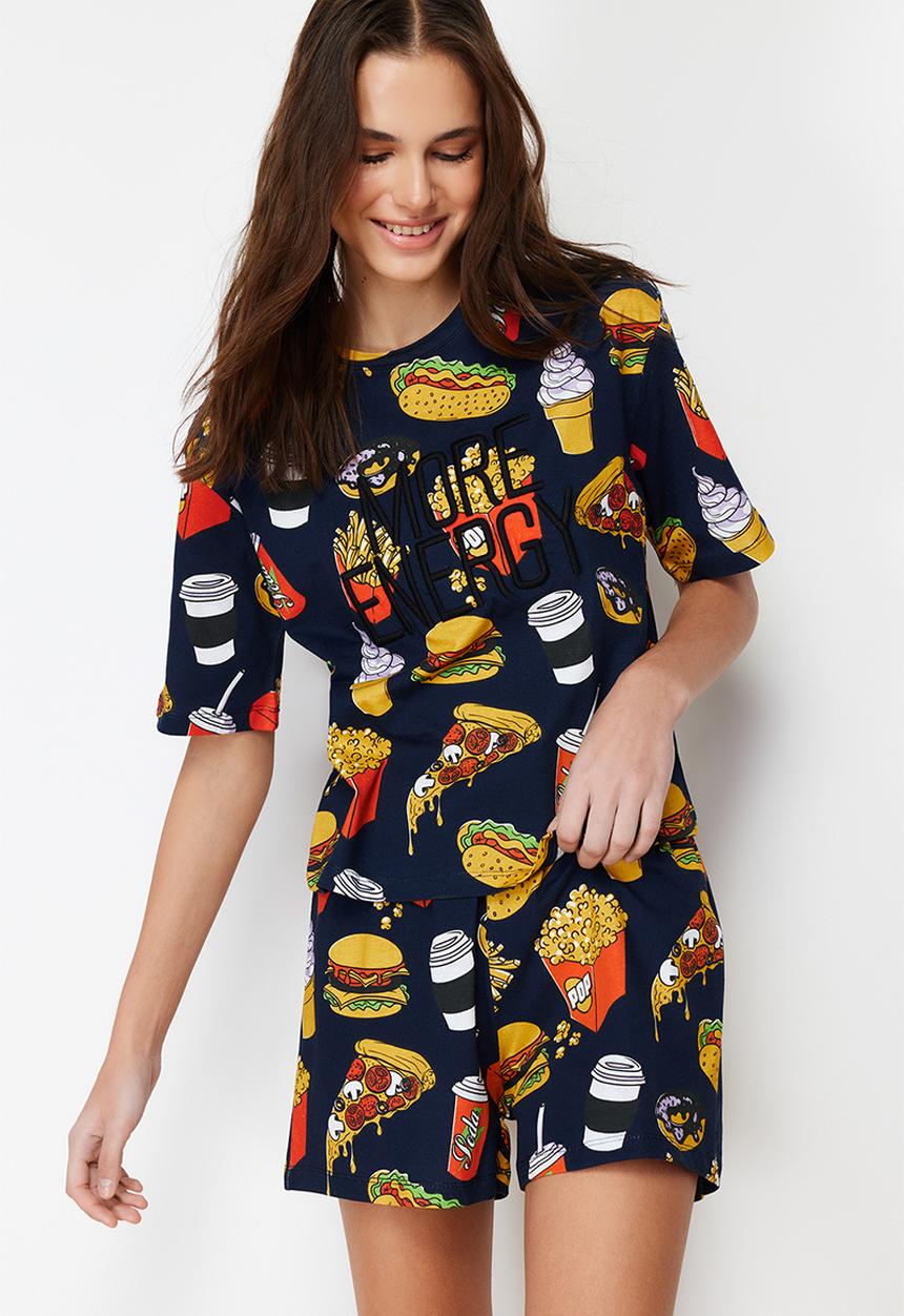 Trendyol - Cotton slogan embroidered shorts pajama set - navy blue-multicolor