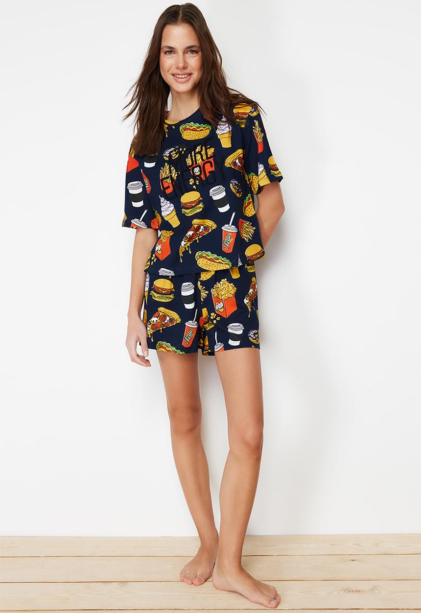 Trendyol - Cotton slogan embroidered shorts pajama set - navy blue-multicolor