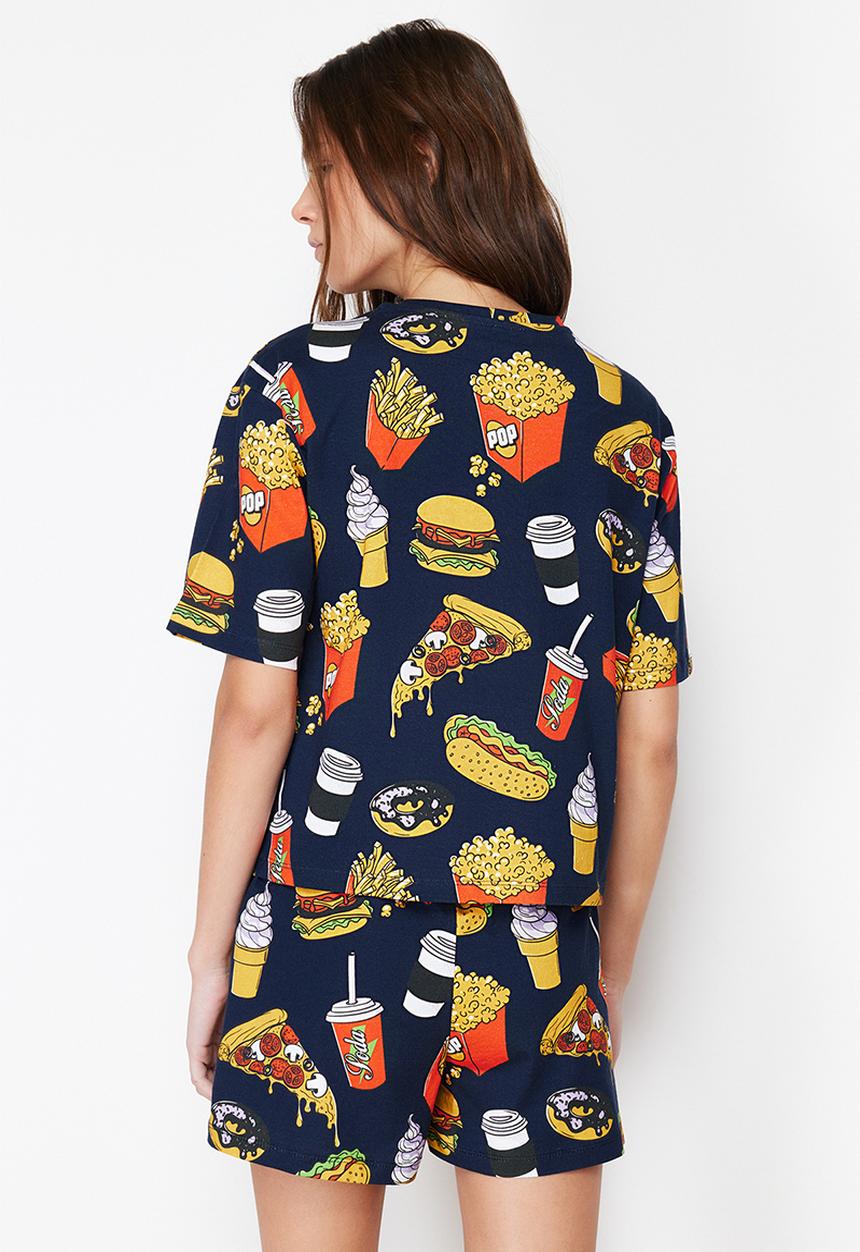 Trendyol - Cotton slogan embroidered shorts pajama set - navy blue-multicolor