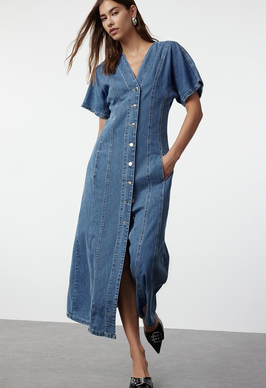 Trendyol - V-Neck Seam Detail Maxi Denim Dress - Blue