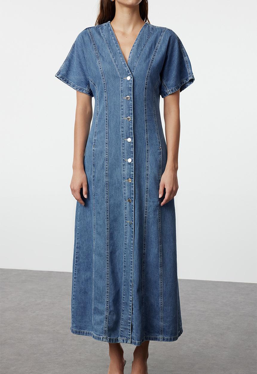 Trendyol - V-Neck Seam Detail Maxi Denim Dress - Blue