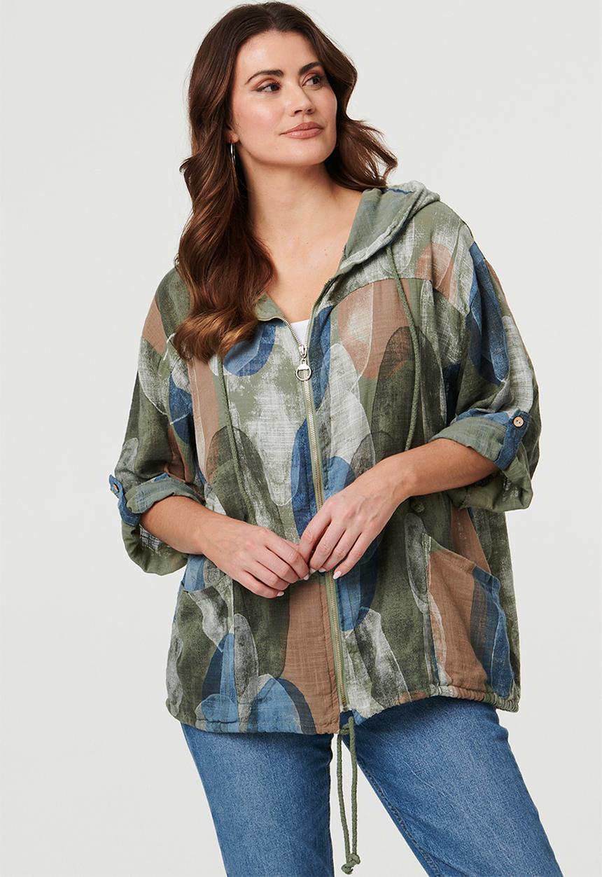 Izabel London - Long Sleeve Zip Through With Hood Track Top - Khaki