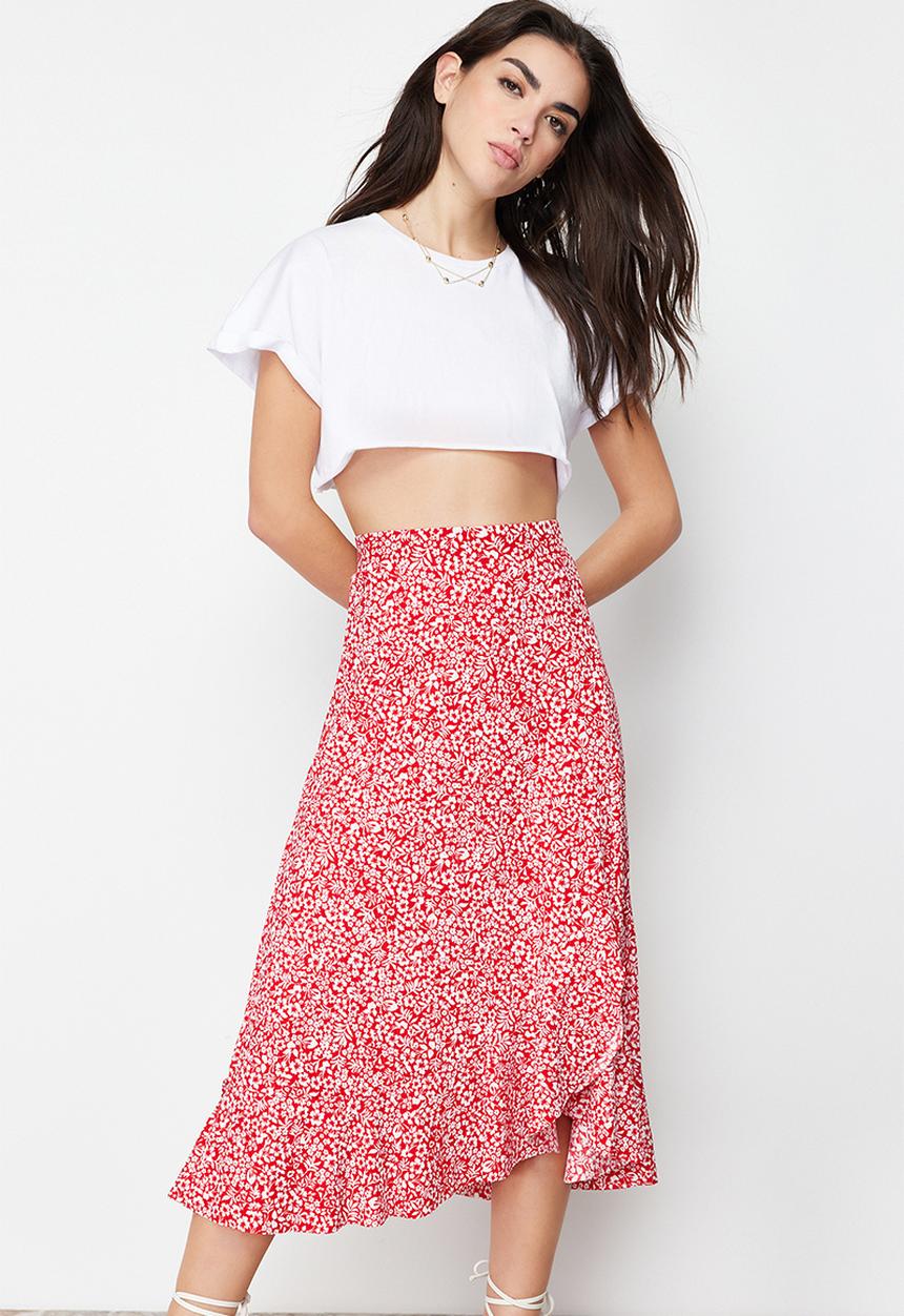 Trendyol - Printed High-Waist Flounce Skirt - Red