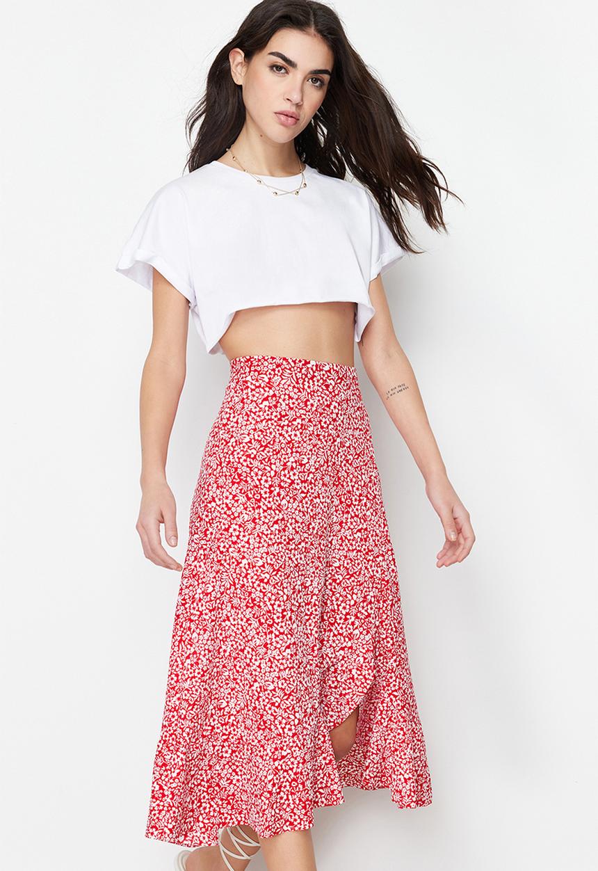 Trendyol - Printed High-Waist Flounce Skirt - Red