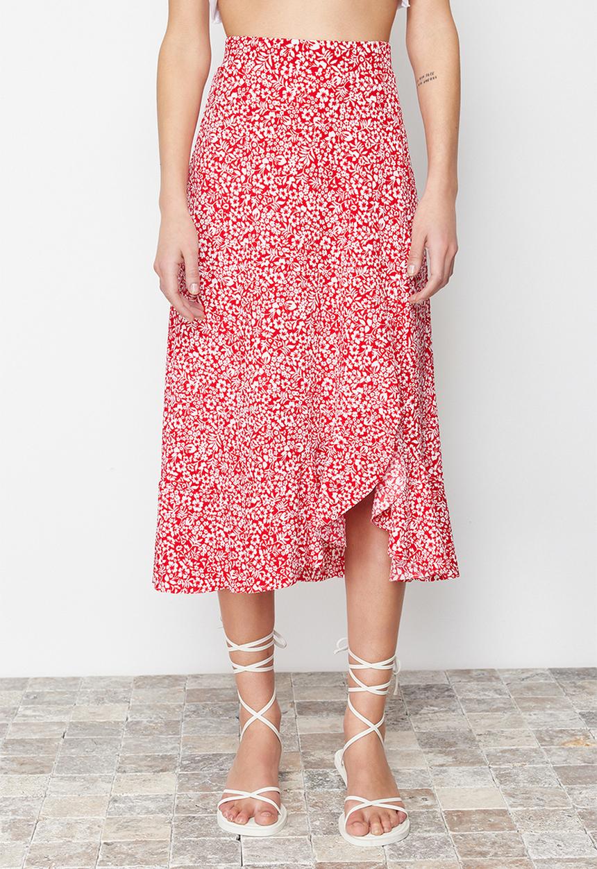 Trendyol - Printed High-Waist Flounce Skirt - Red