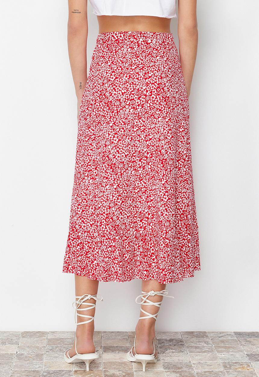 Trendyol - Printed High-Waist Flounce Skirt - Red