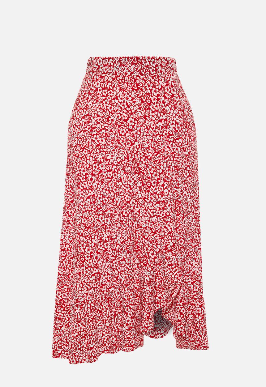 Trendyol - Printed High-Waist Flounce Skirt - Red