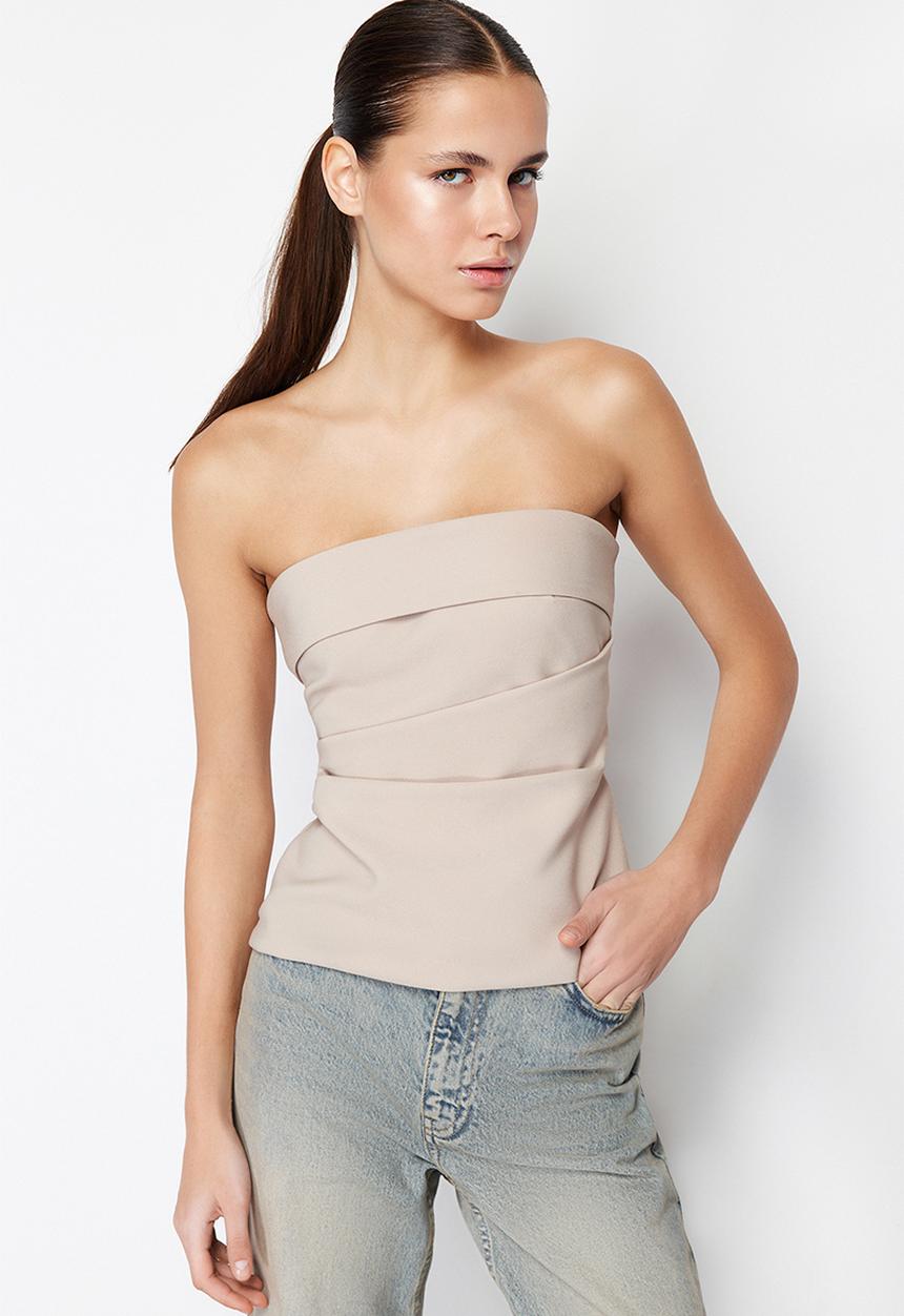 Trendyol - Strapless Draped Blouse - Mink