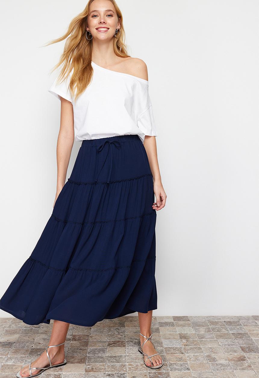 Trendyol - Flared Maxi Skirt with Gathered Waist Detail - Navy Blue