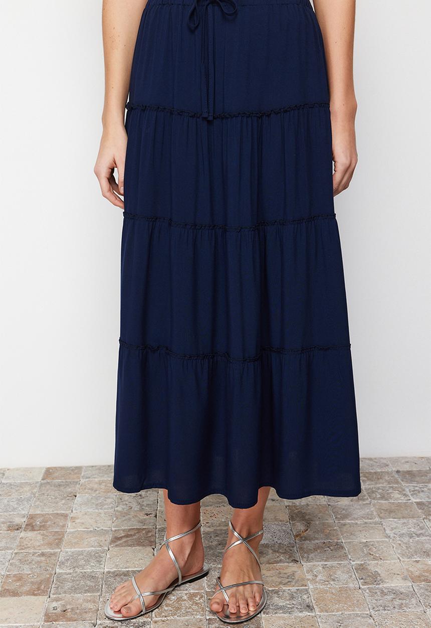 Trendyol - Flared Maxi Skirt with Gathered Waist Detail - Navy Blue