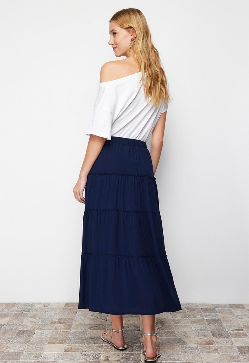 Trendyol - Flared Maxi Skirt with Gathered Waist Detail - Navy Blue