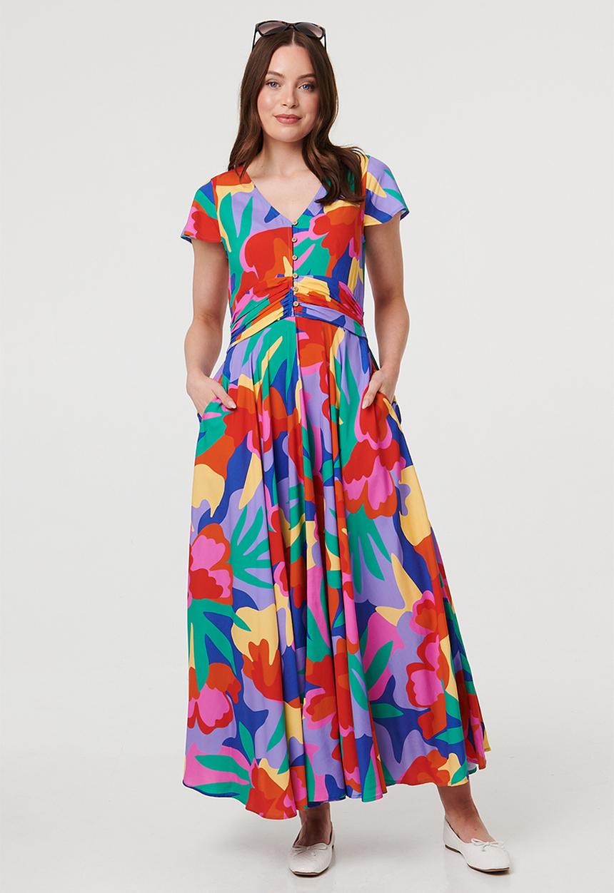 Stella Morgan - Cap Sleeve V-Neck Printed Maxi Dress With Tie Detail At Waist - Multi Blue