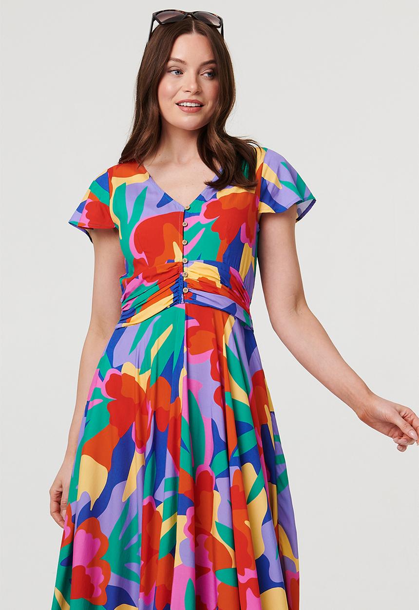 Stella Morgan - Cap Sleeve V-Neck Printed Maxi Dress With Tie Detail At Waist - Multi Blue