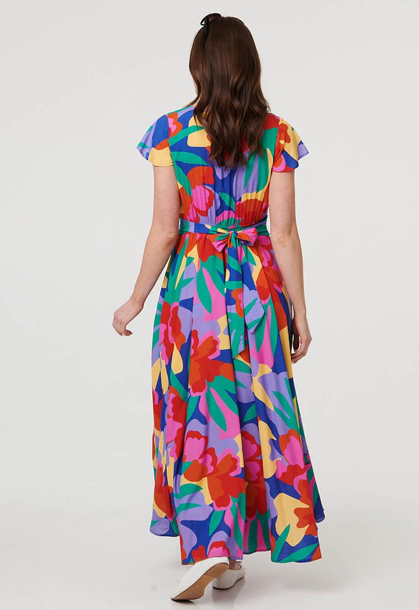 Stella Morgan - Cap Sleeve V-Neck Printed Maxi Dress With Tie Detail At Waist - Multi Blue