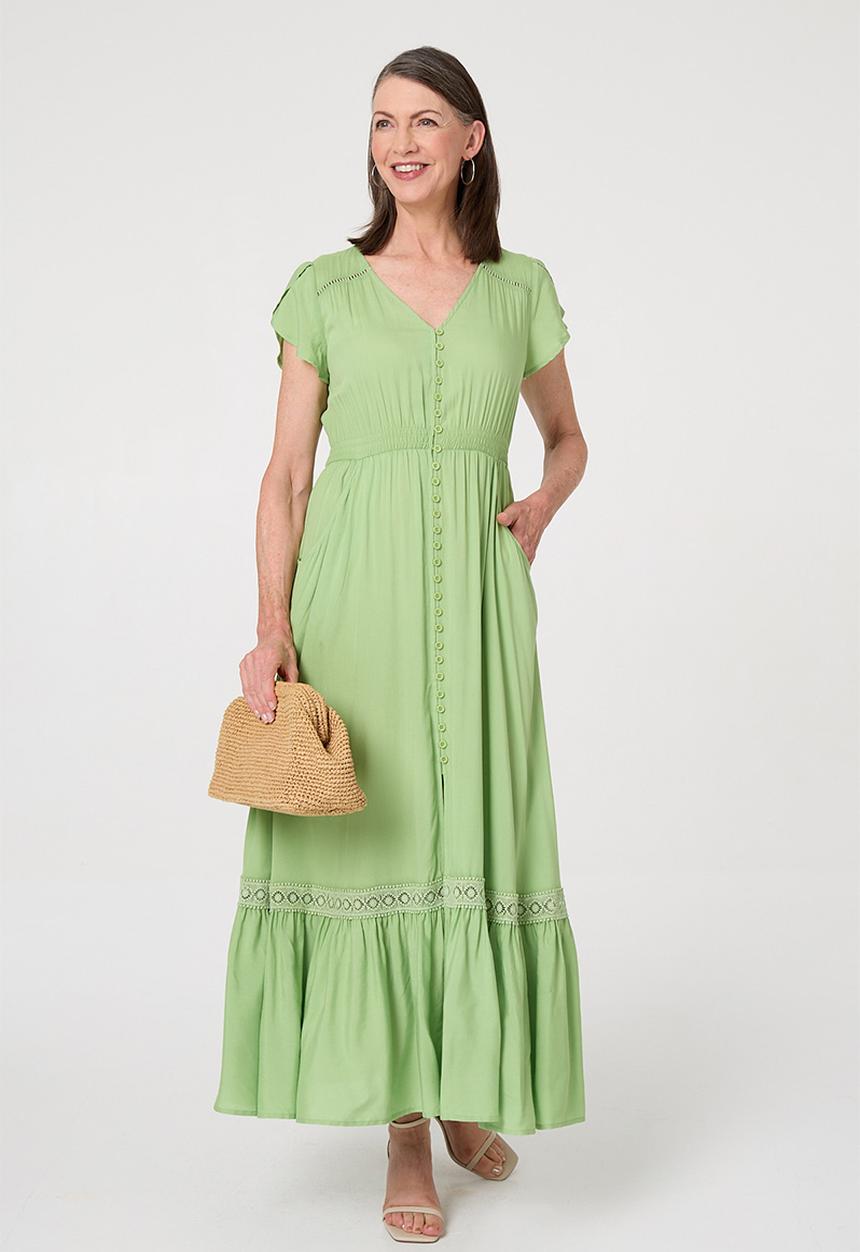 Stella Morgan - Cap Sleeve With Flutter V-Neck Button Through Maxi Plain Colour Maxi Dress With Ladder Lace Trim - Lime