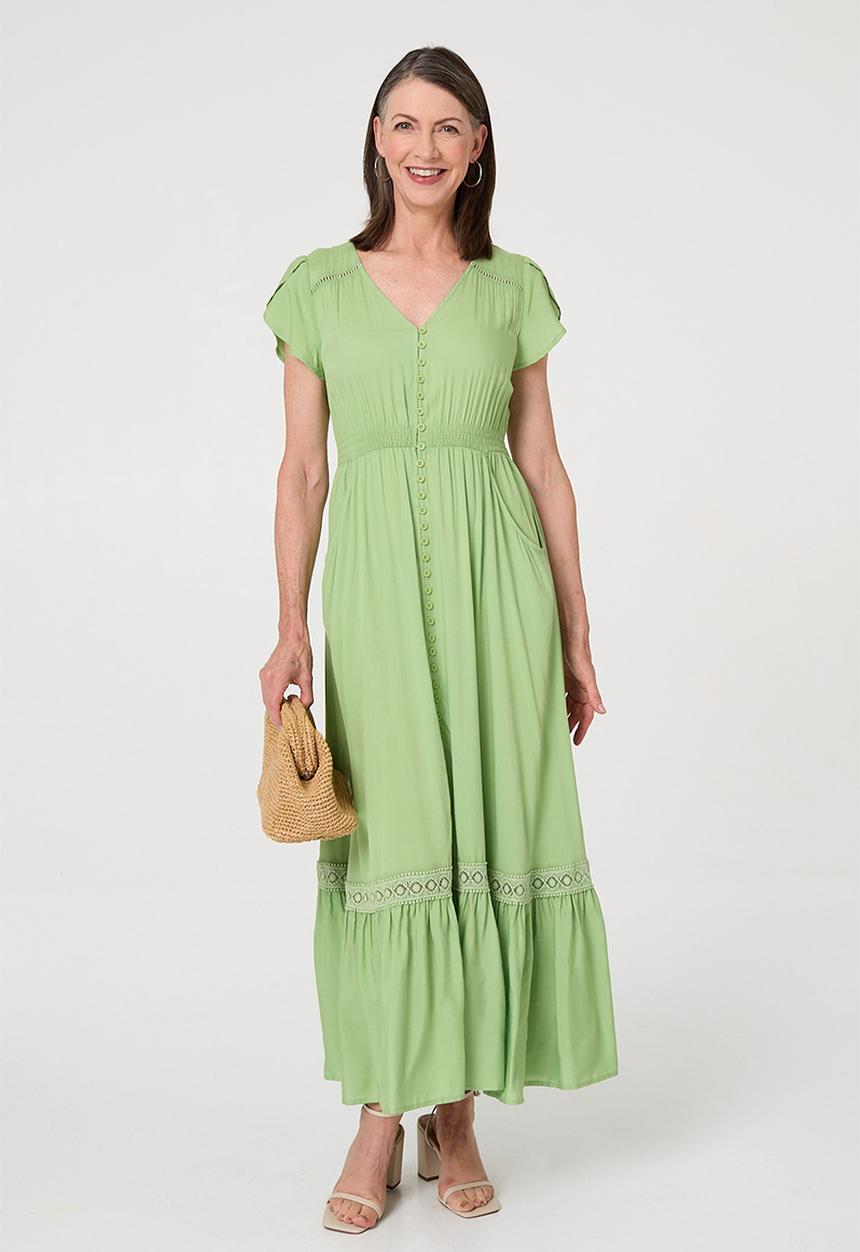 Stella Morgan - Cap Sleeve With Flutter V-Neck Button Through Maxi Plain Colour Maxi Dress With Ladder Lace Trim - Lime