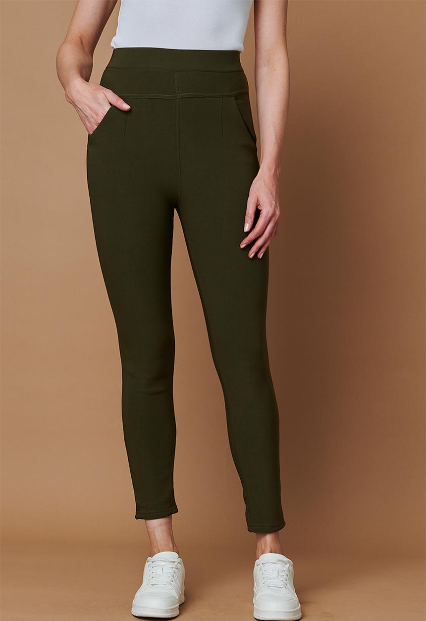 MANDI - High Waisted Pull On Jegging With Front V Profile - Khaki