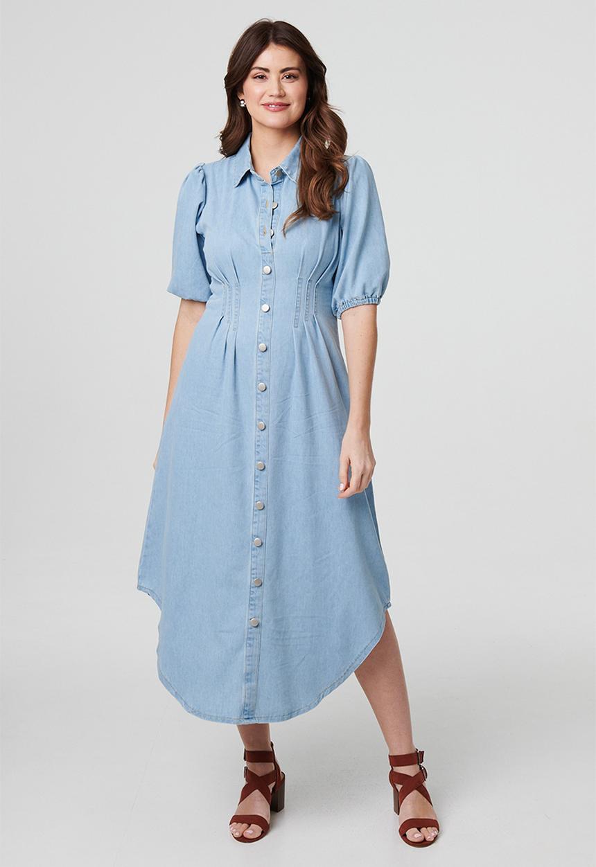 Izabel London - Half Sleeve With Thin Elastic Cuff Scoop Hem Maxi Denim Dress - Light Wash