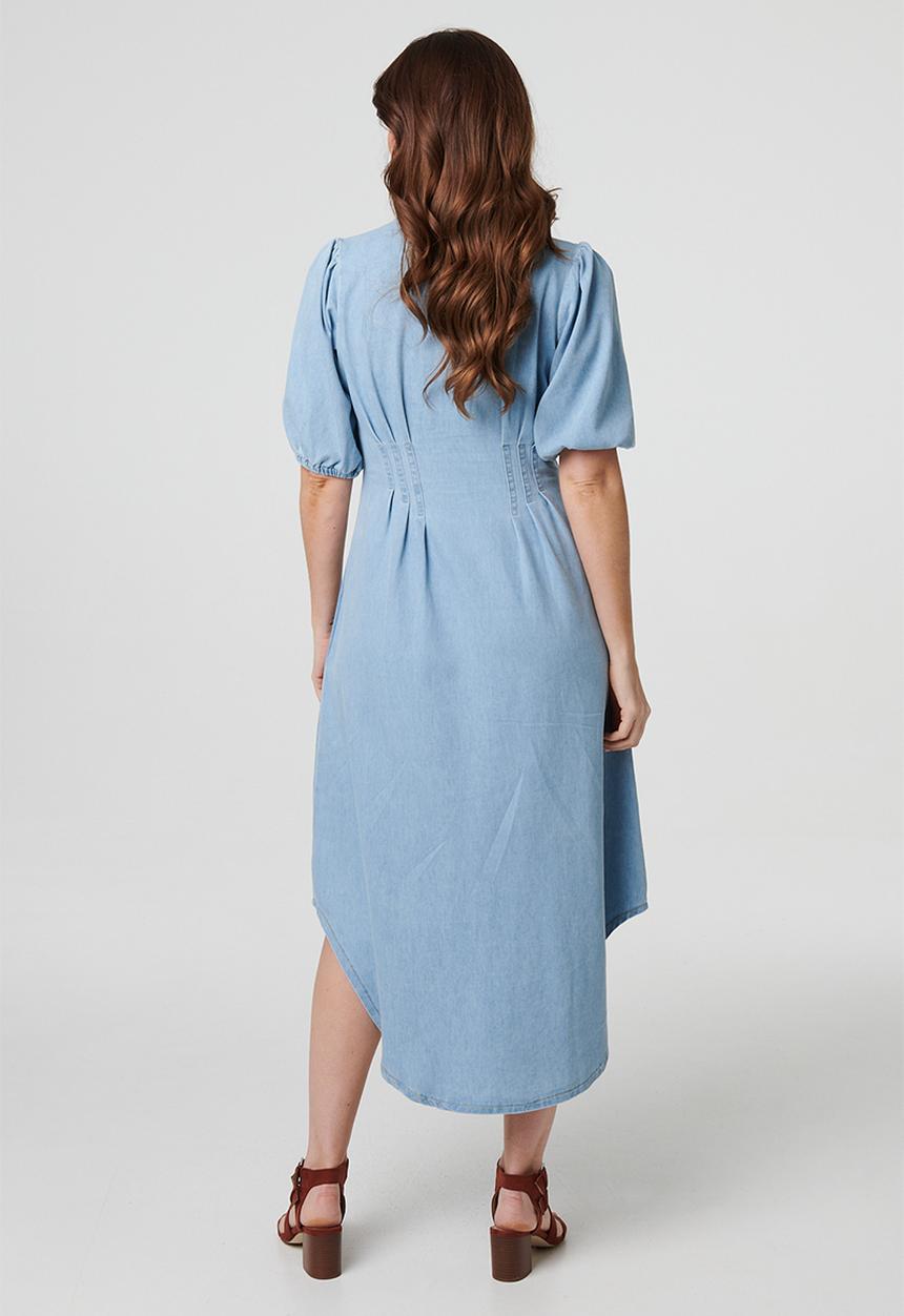Izabel London - Half Sleeve With Thin Elastic Cuff Scoop Hem Maxi Denim Dress - Light Wash
