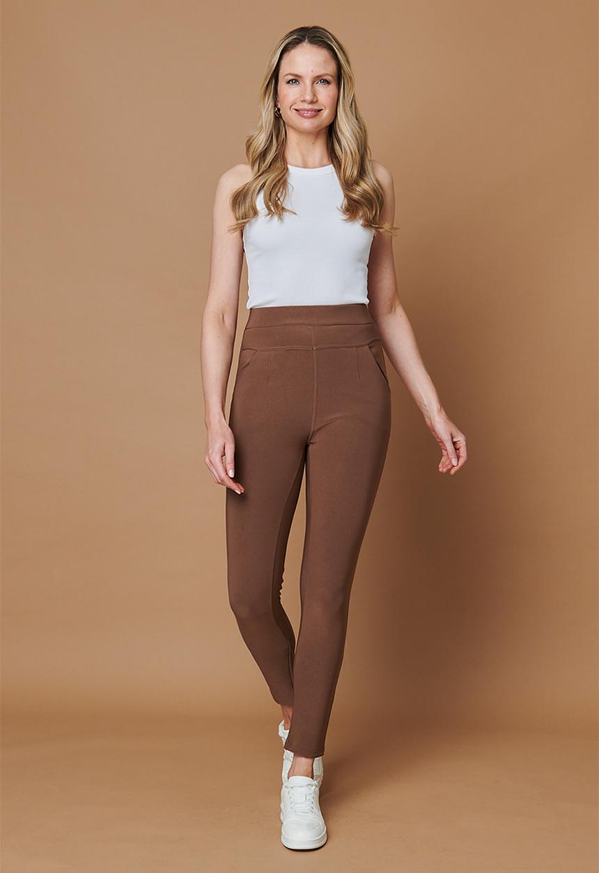 MANDI - High Waisted Pull On Jegging With Front V Profile - Taupe