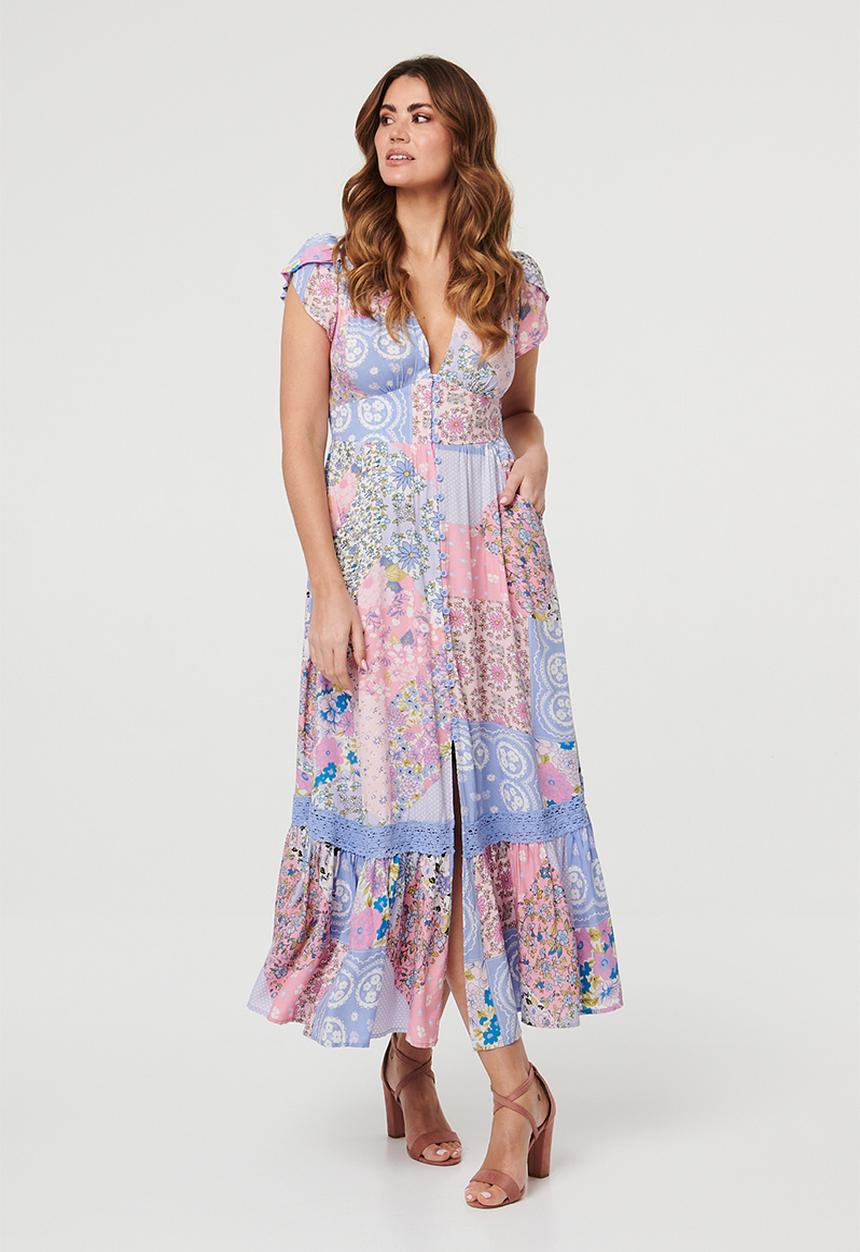 Stella Morgan - Cap Sleeve With Flutter V-Neck Button Through Printed Maxi Dress With Ladder Lace - Multi Blue