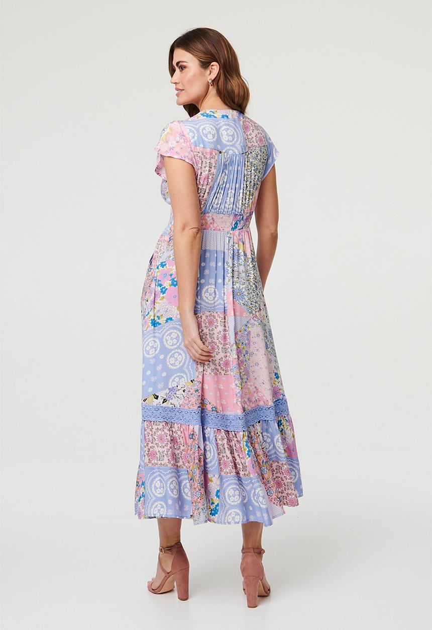 Stella Morgan - Cap Sleeve With Flutter V-Neck Button Through Printed Maxi Dress With Ladder Lace - Multi Blue