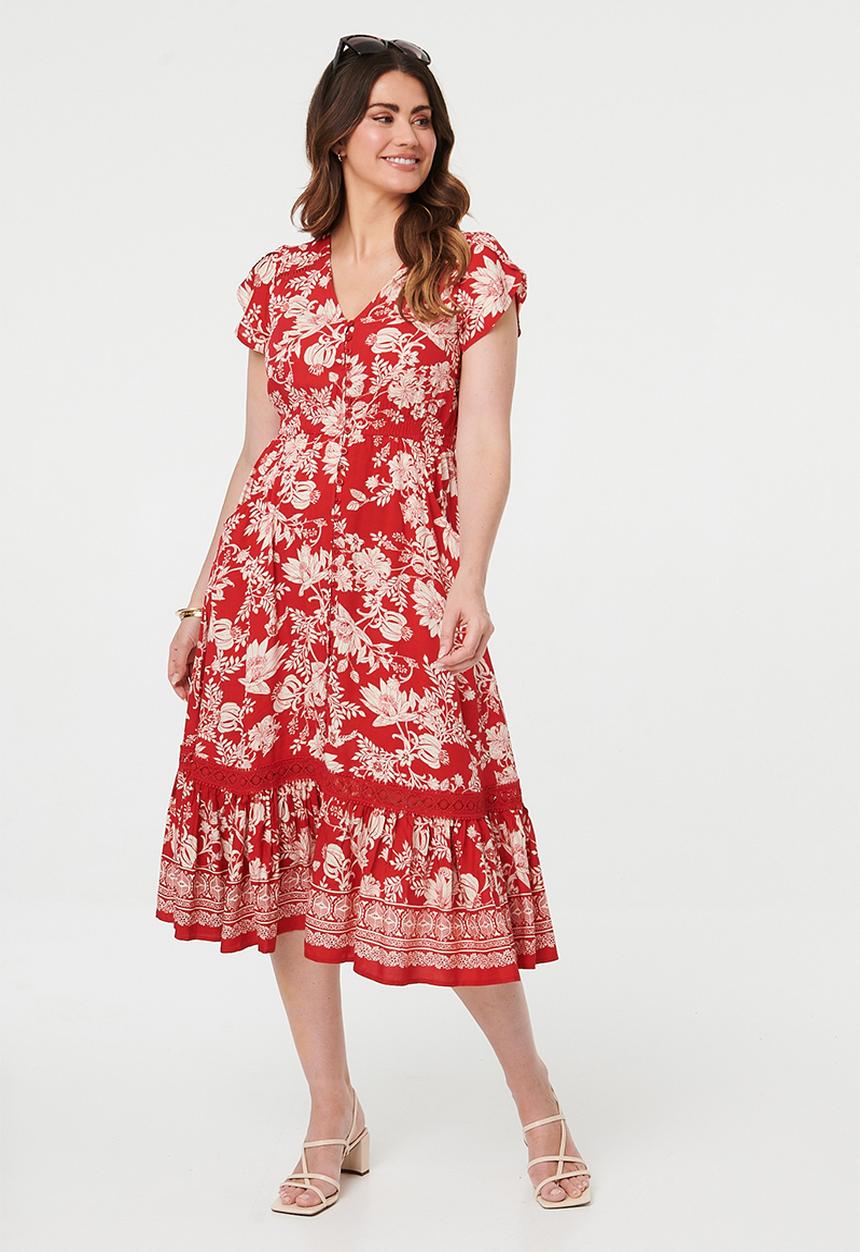 Stella Morgan - Cap Sleeve With Flutter V-Neck Button Through Printed Mid Length Dress With Ladder Lace - Red