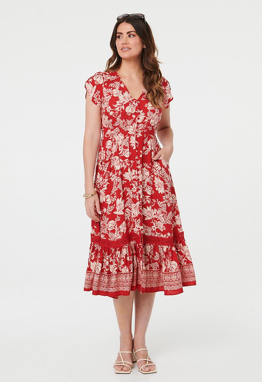 Stella Morgan - Cap Sleeve With Flutter V-Neck Button Through Printed Mid Length Dress With Ladder Lace - Red