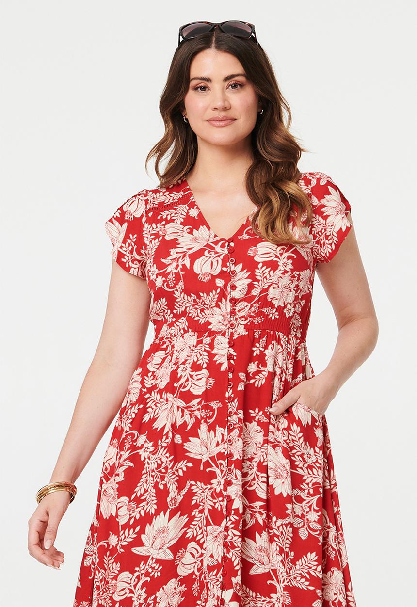Stella Morgan - Cap Sleeve With Flutter V-Neck Button Through Printed Mid Length Dress With Ladder Lace - Red