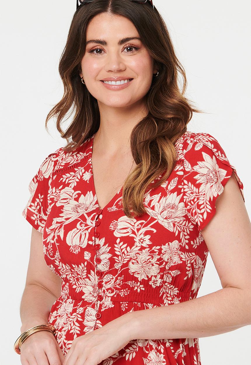 Stella Morgan - Cap Sleeve With Flutter V-Neck Button Through Printed Mid Length Dress With Ladder Lace - Red