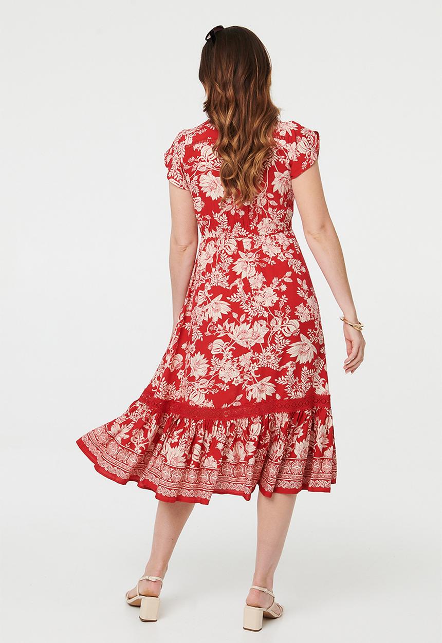 Stella Morgan - Cap Sleeve With Flutter V-Neck Button Through Printed Mid Length Dress With Ladder Lace - Red