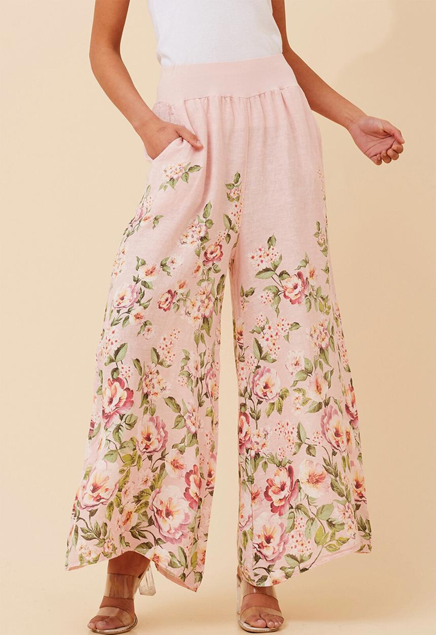 Stella Morgan - Printed Linen Flare Leg Pant With Elastic At Waist - Light Pink