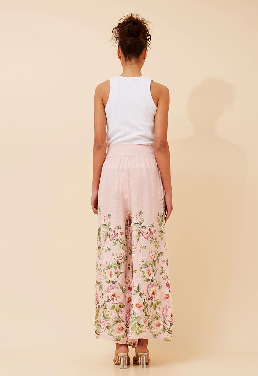 Stella Morgan - Printed Linen Flare Leg Pant With Elastic At Waist - Light Pink