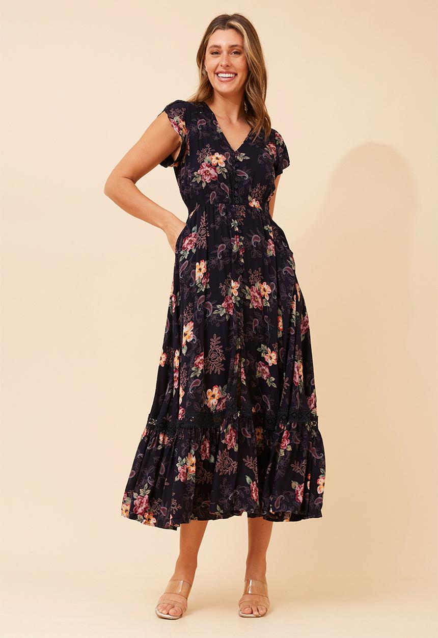 Stella Morgan - Cap Sleeve With Flutter V-Neck Button Through Printed Maxi Dress With Ladder Lace - Navy