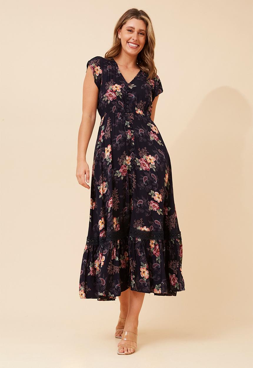 Stella Morgan - Cap Sleeve With Flutter V-Neck Button Through Printed Maxi Dress With Ladder Lace - Navy