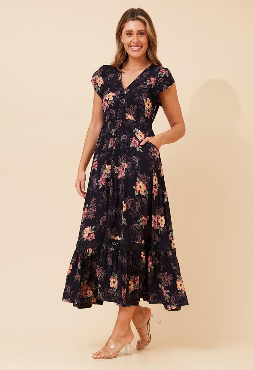 Stella Morgan - Cap Sleeve With Flutter V-Neck Button Through Printed Maxi Dress With Ladder Lace - Navy