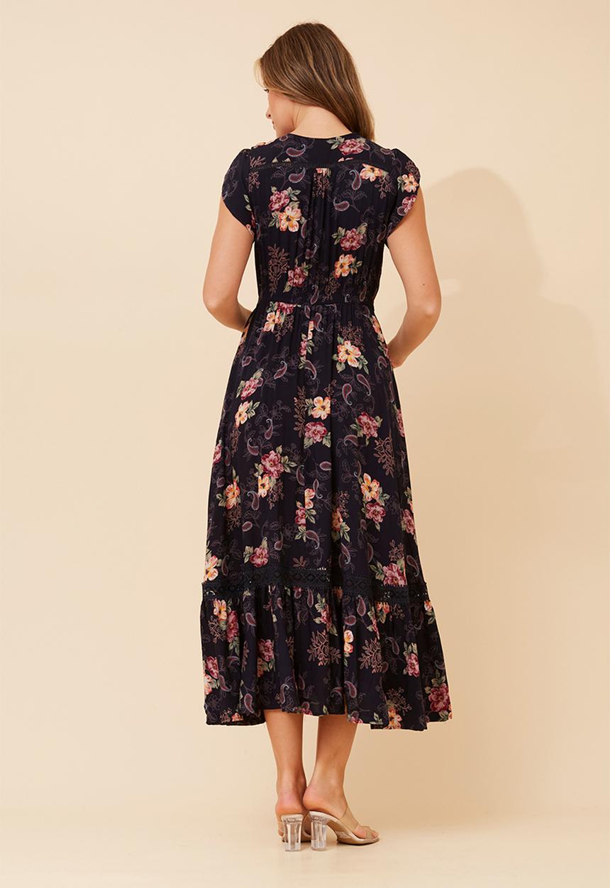 Stella Morgan - Cap Sleeve With Flutter V-Neck Button Through Printed Maxi Dress With Ladder Lace - Navy