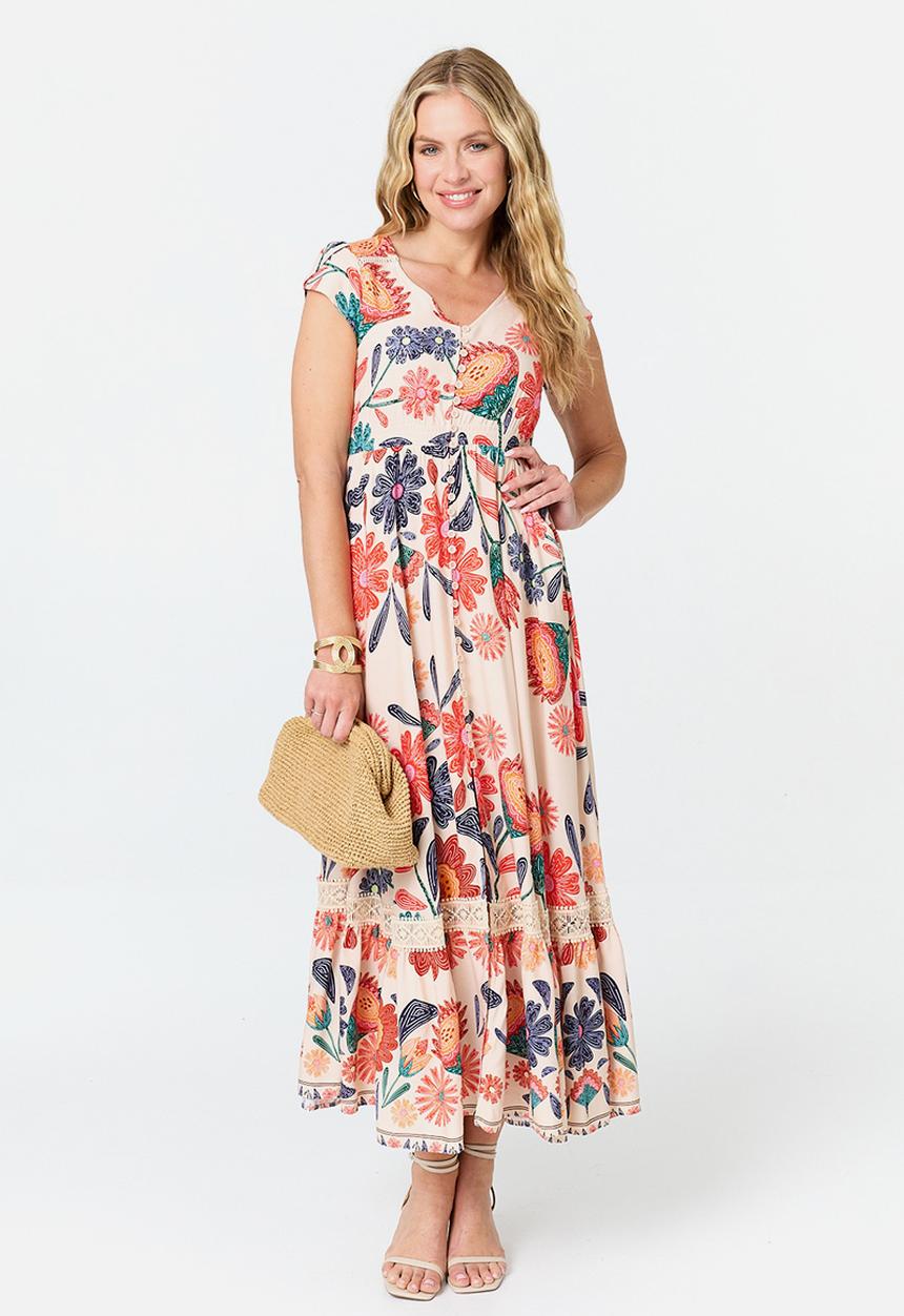 Izabel London - Cap Sleeve With Flutter V-Neck Button Through Max Printed Dress With Ladder Lace - Multi Orange
