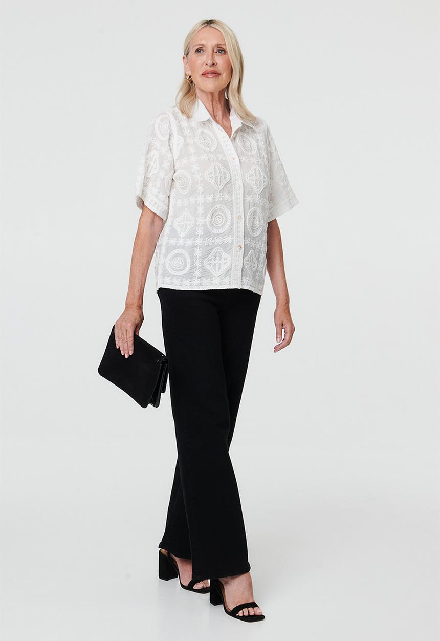 Stella Morgan - Button Through Hand Stitch Embroidery Throughout With Rhinestone Trim Detail - White
