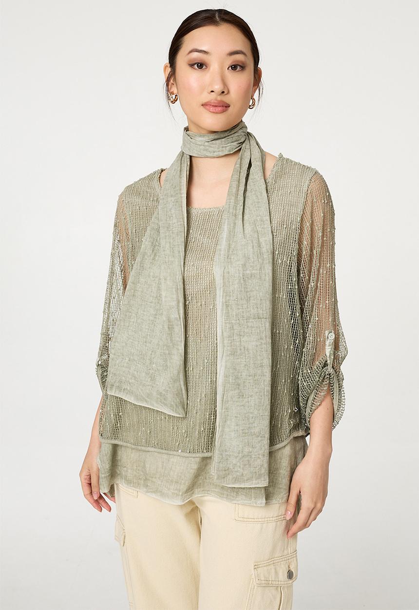 Izabel London - Mesh Top With Front Lining And Scarf - Khaki