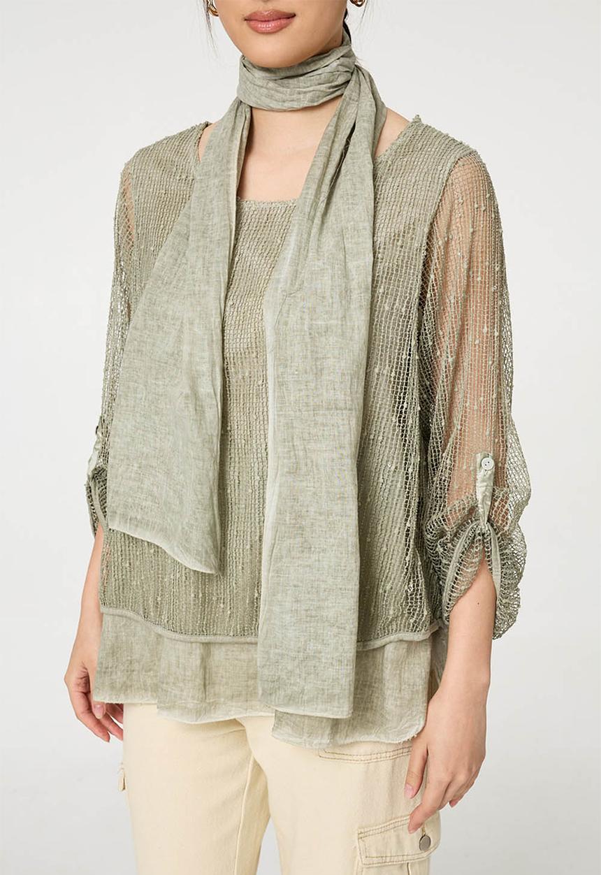 Izabel London - Mesh Top With Front Lining And Scarf - Khaki