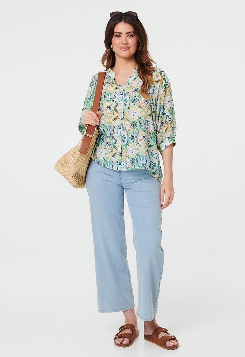 MANDI - Half Sleeve Batwing Easy Wearing Sheer Printed Blouse - Multi Green