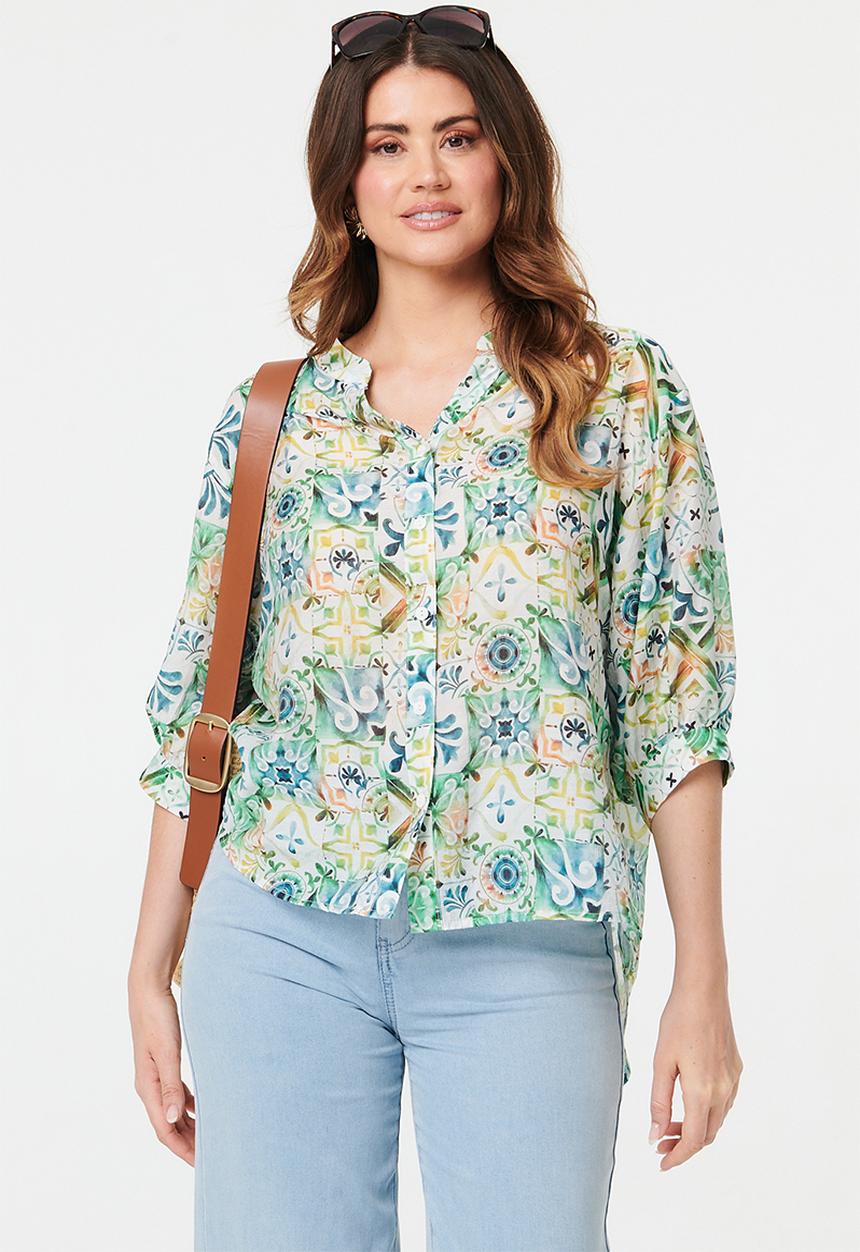 MANDI - Half Sleeve Batwing Easy Wearing Sheer Printed Blouse - Multi Green