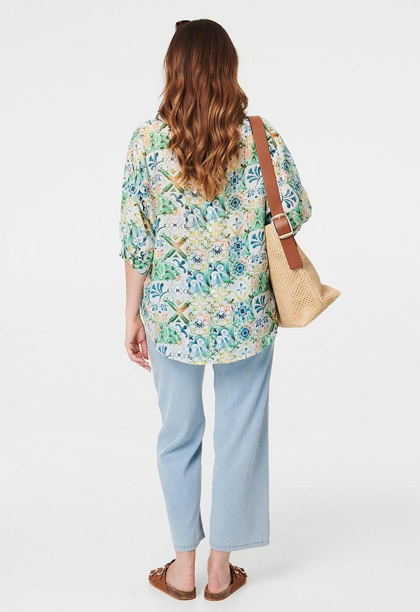 MANDI - Half Sleeve Batwing Easy Wearing Sheer Printed Blouse - Multi Green