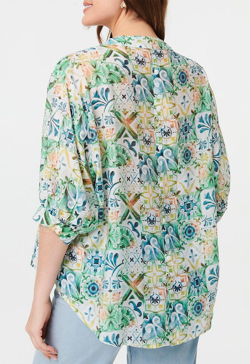 MANDI - Half Sleeve Batwing Easy Wearing Sheer Printed Blouse - Multi Green
