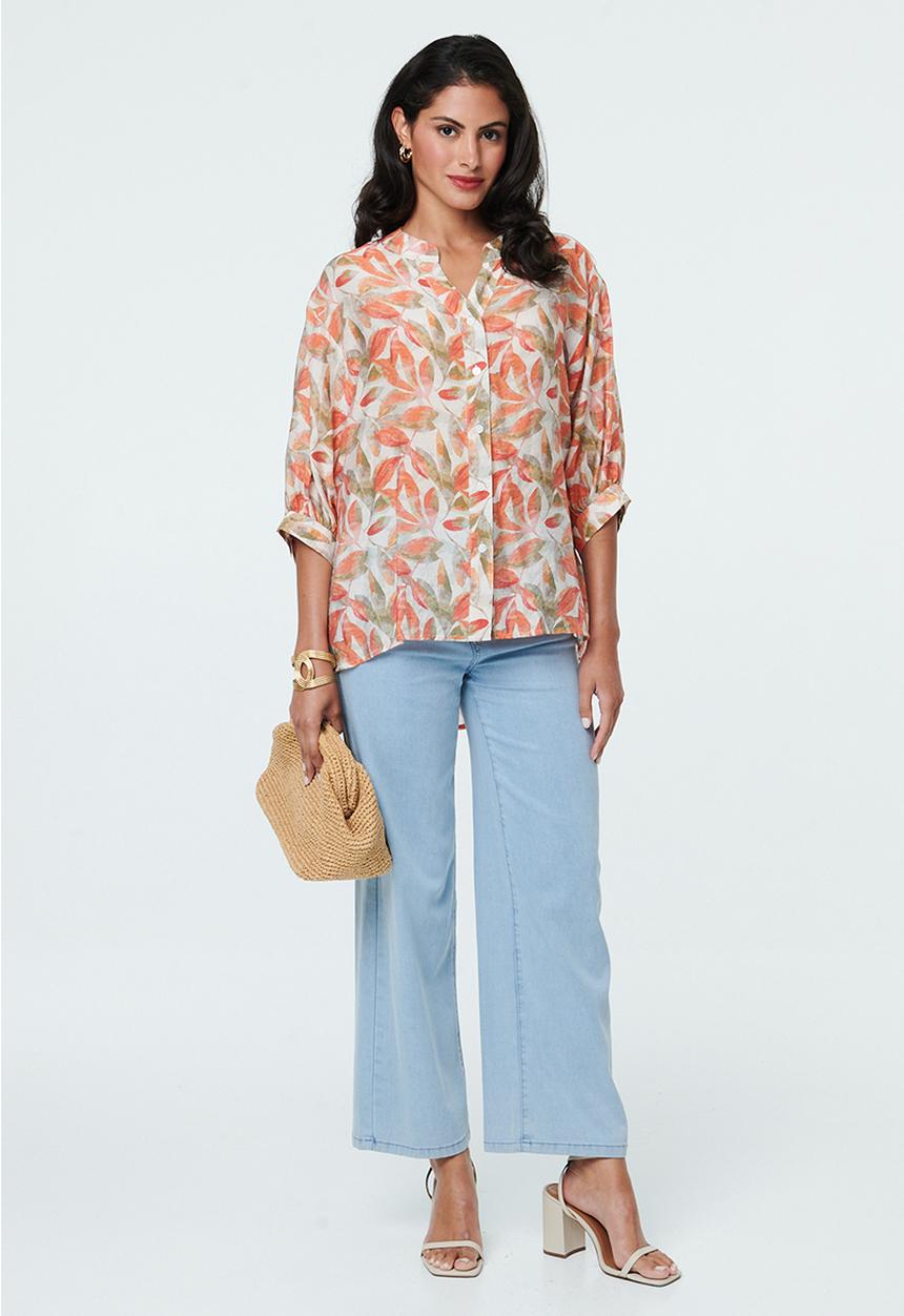 Izabel London - Half Sleeve Batwing Button Through Sheer Blouse With Centre Back Button Detail - Multi Orange