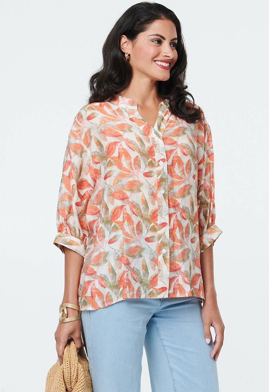 Izabel London - Half Sleeve Batwing Button Through Sheer Blouse With Centre Back Button Detail - Multi Orange